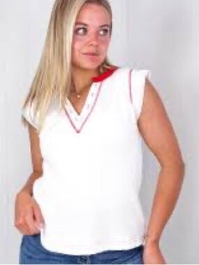 POL Thermal V-Neck Sleeveless T-Shirt Top White/Bold Red Contrast Stitching  L